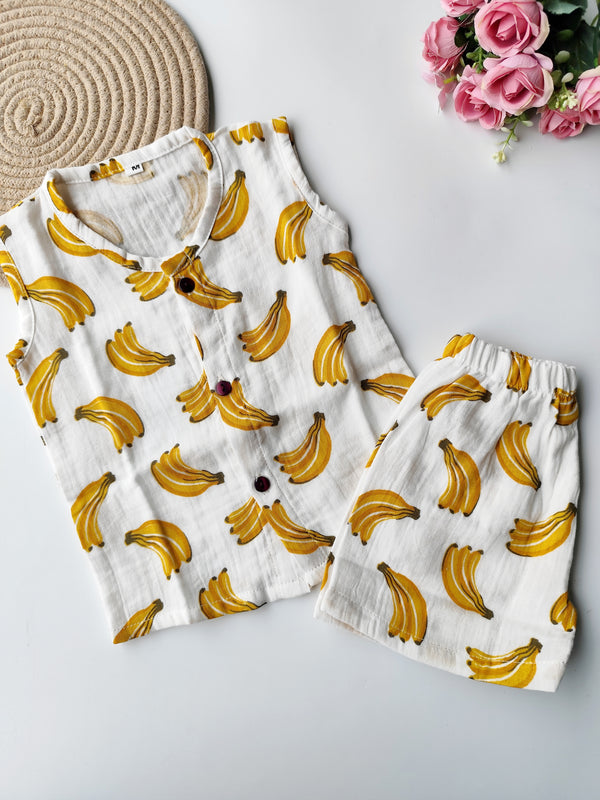 Muslin Sleeveless Co Ord Set - Banana