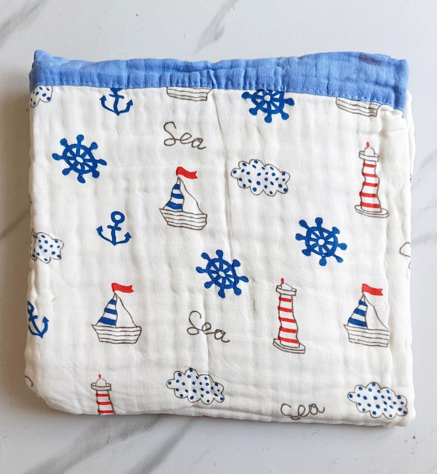 Muslin Crinkled Blanket - Ship Print(110*110cm)