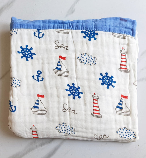Muslin Crinkled Blanket - Ship Print(110*110cm)
