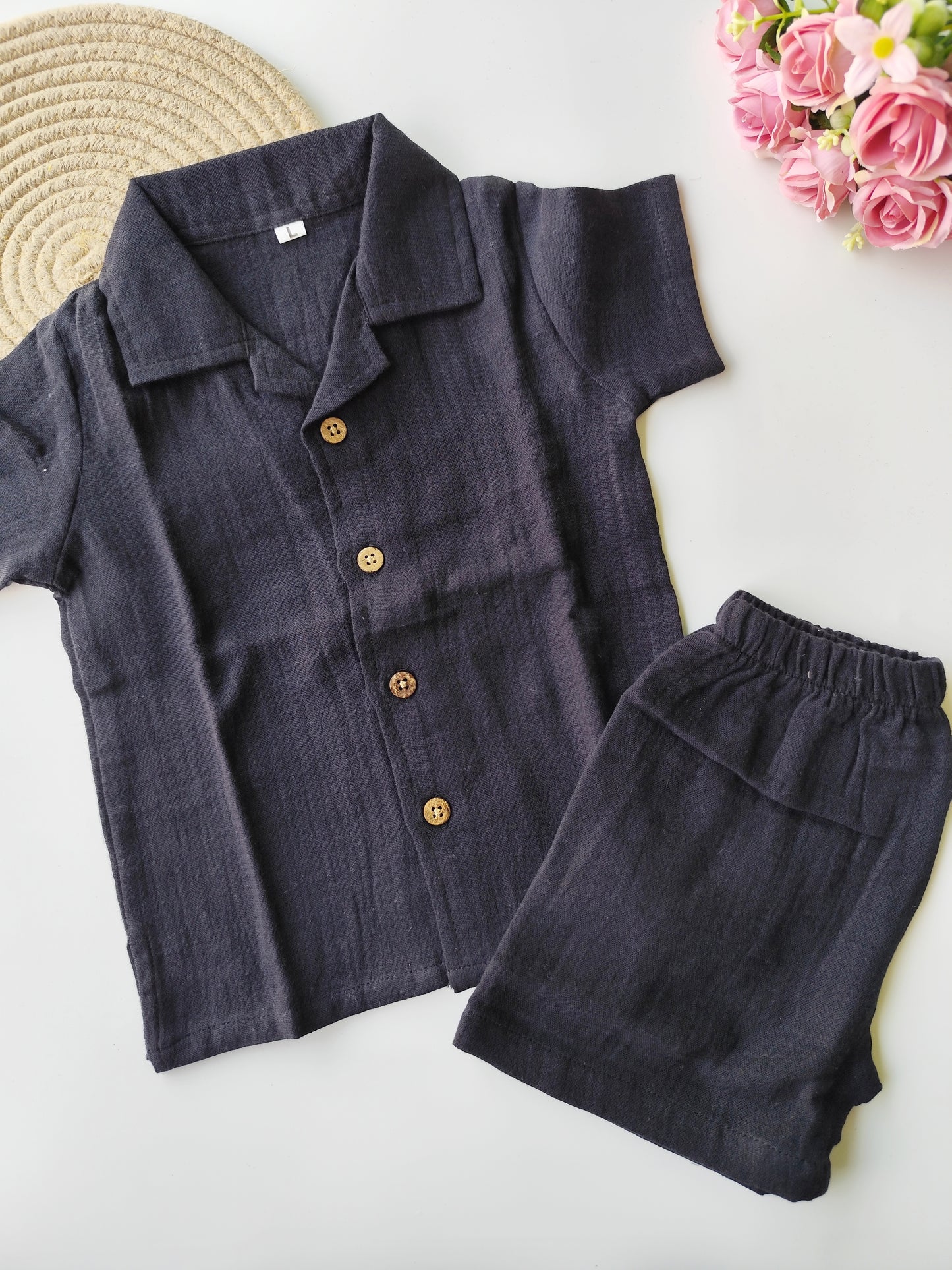 Muslin Cuban Collared Co Ord Set - Black