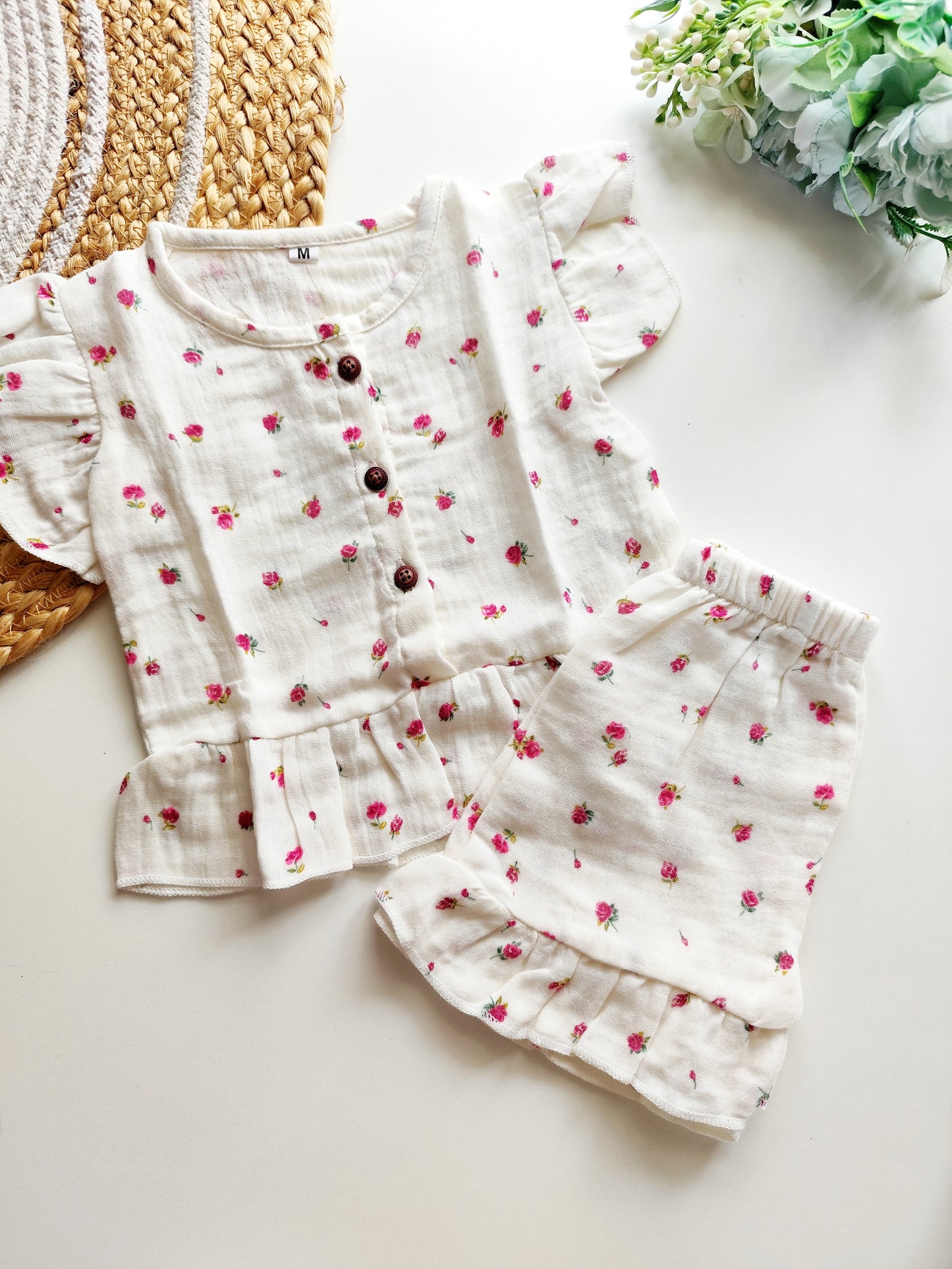 Muslin Frill Co Ord Set - White Floral
