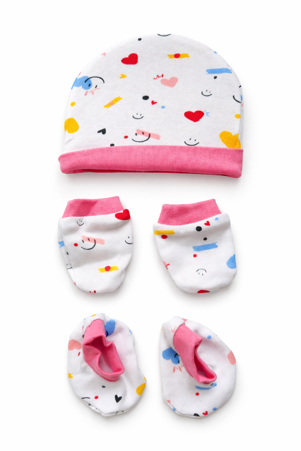 Cotton Cap, Mittens & Booties - Heart Pink