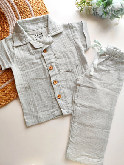 Muslin Cuban Collared Co Ord Set - Blue Grey