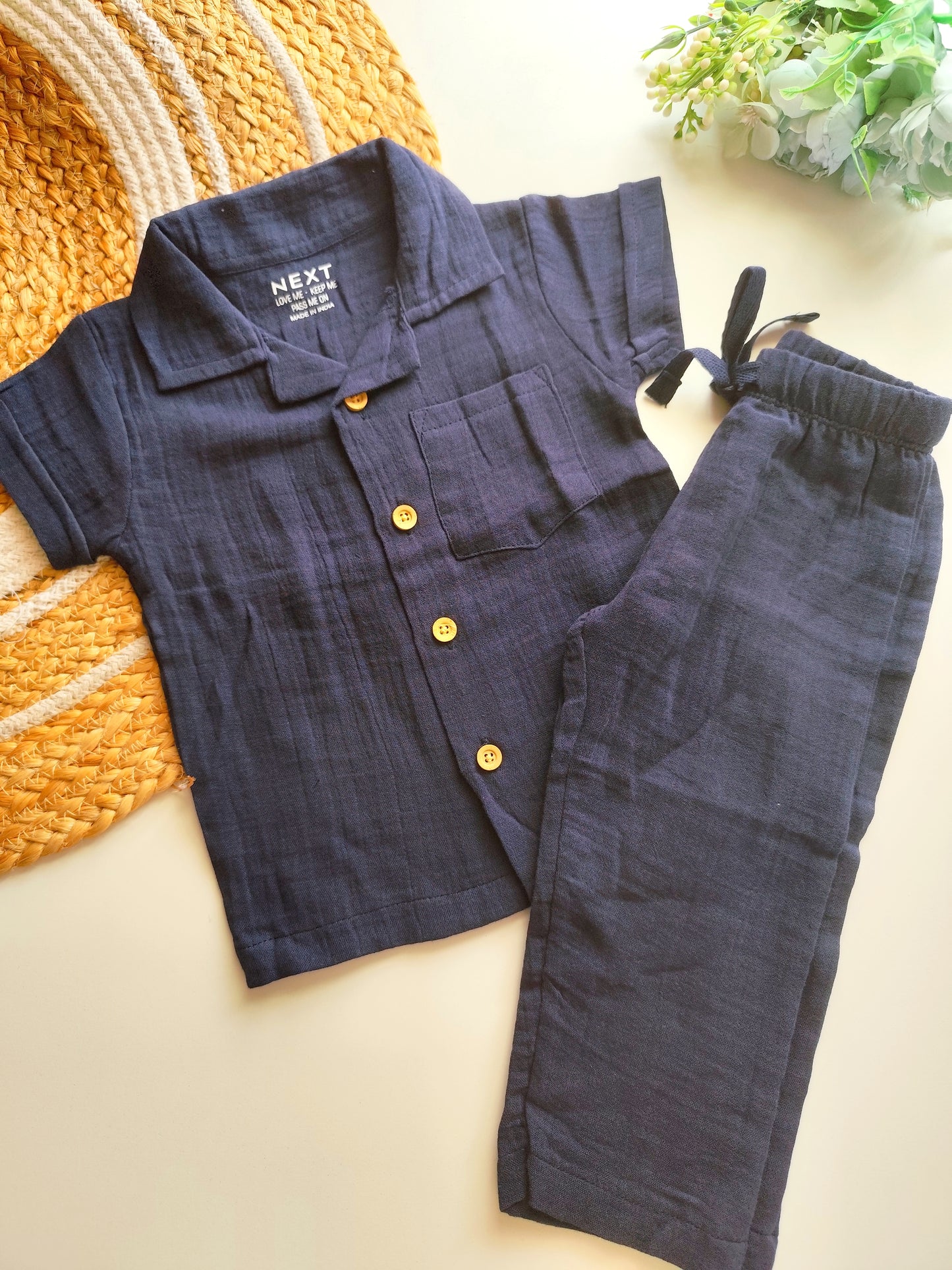 Muslin Cuban Collared Co Ord Set - Navy Blue