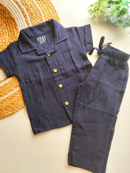 Muslin Cuban Collared Co Ord Set - Navy Blue