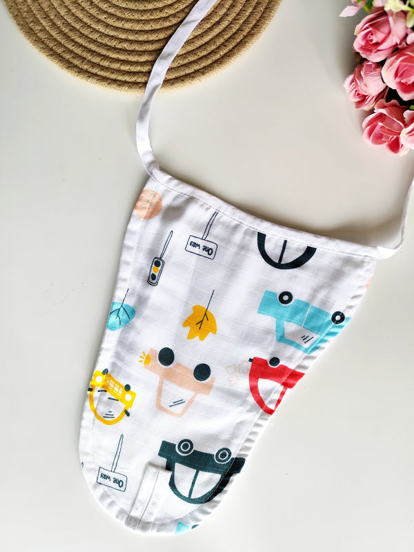 White Muslin Nappy - Vehicles Print (0 - 3 M) - 5 Layered