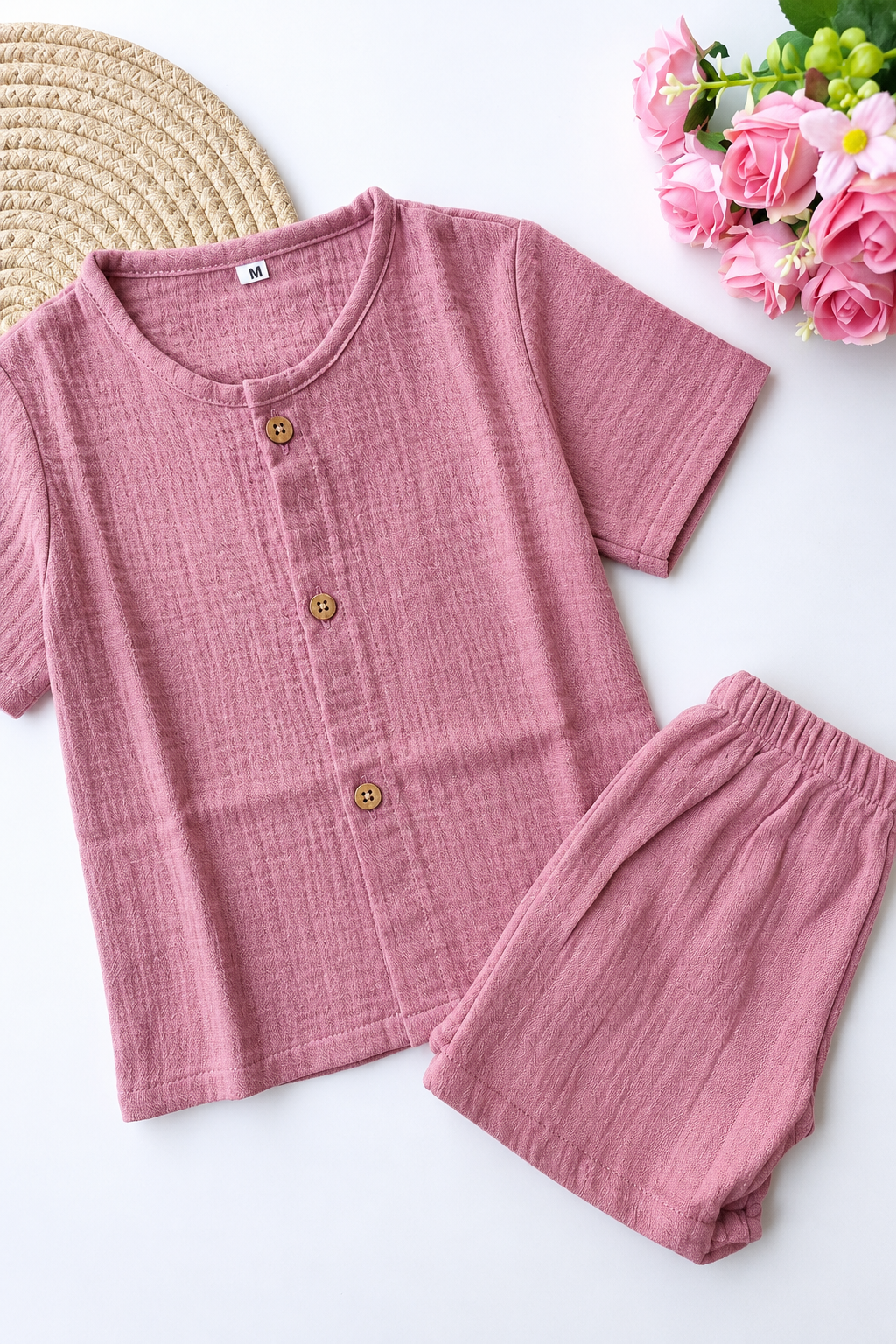 Muslin Half Sleeve Co Ord Set - Mauve Pink