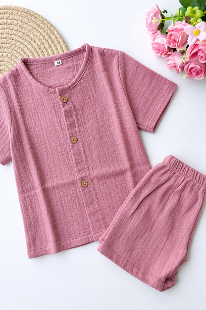 Muslin Half Sleeve Co Ord Set - Mauve Pink