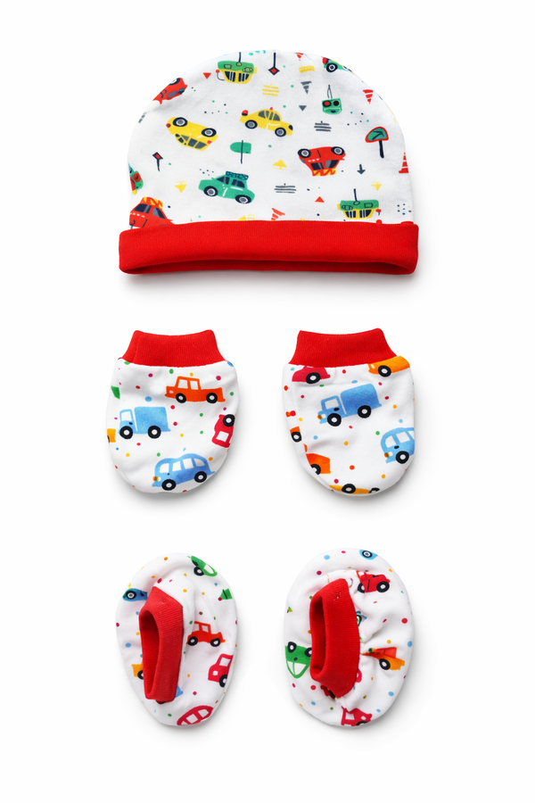 Cotton Cap, Mittens & Booties - Red