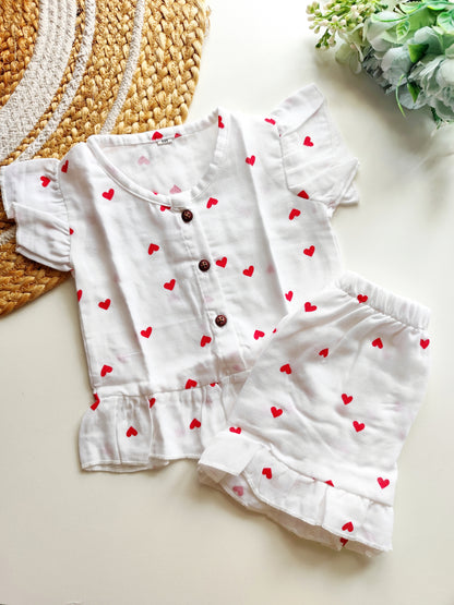 Muslin Frill Co Ord Set - Creamy Red Hearts
