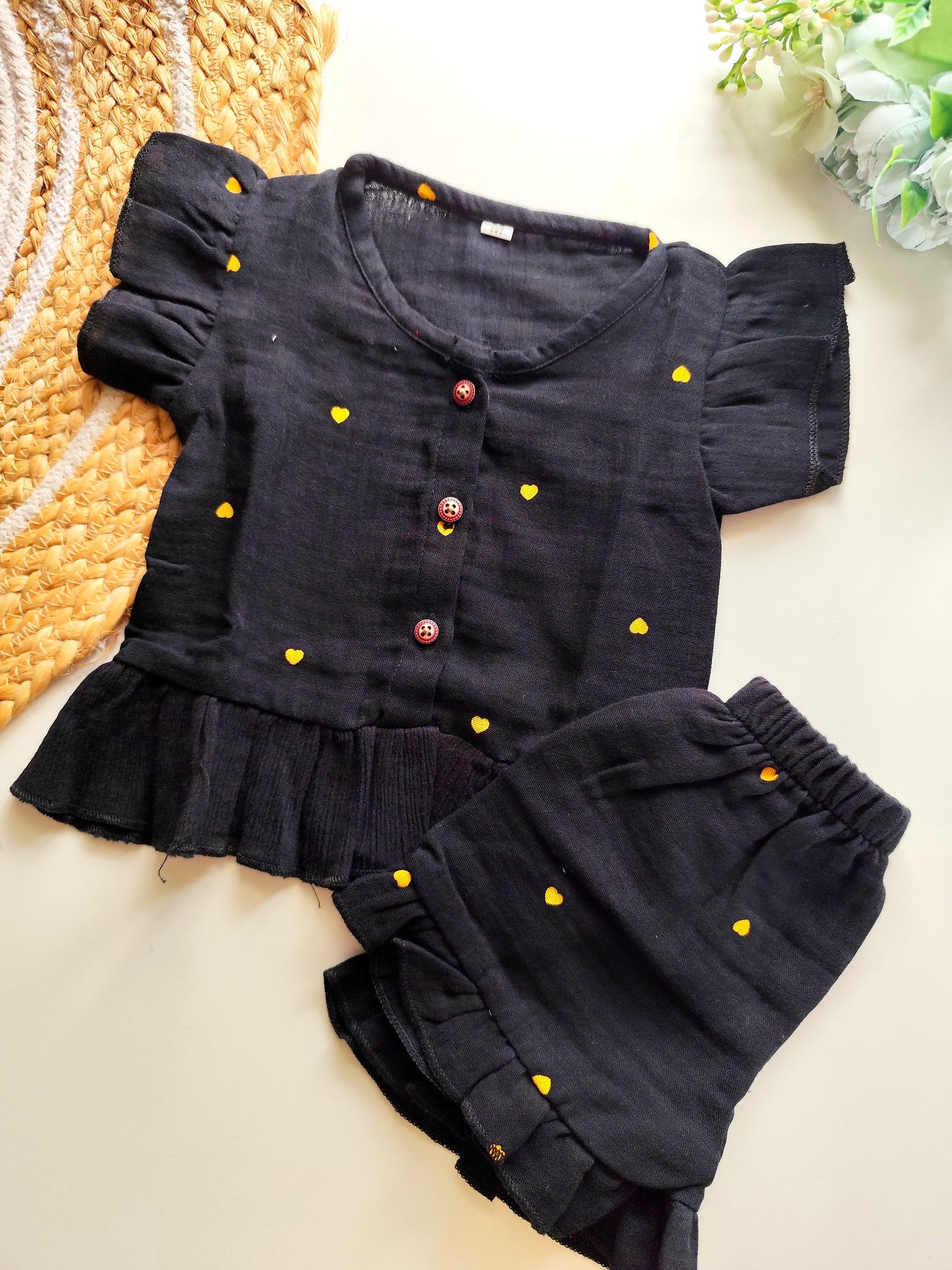 Muslin Frill Co Ord Set - Black Yellow Hearts