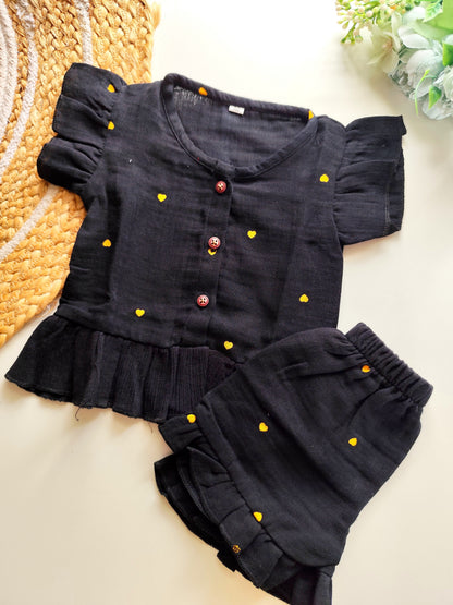 Muslin Frill Co Ord Set - Black Yellow Hearts