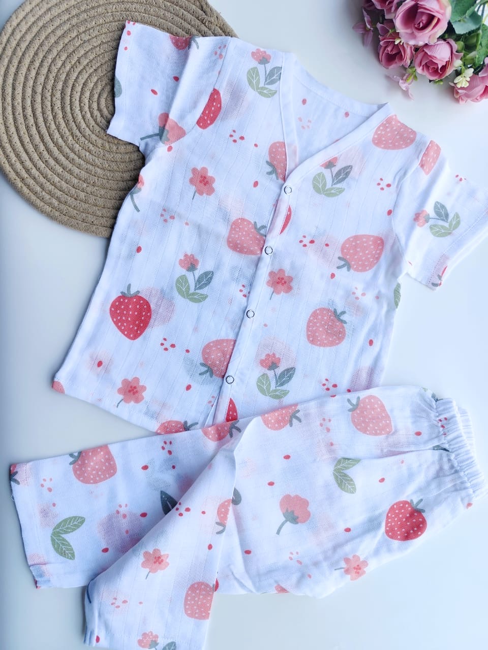 Muslin Half Sleeves Pant Set - Strawberry