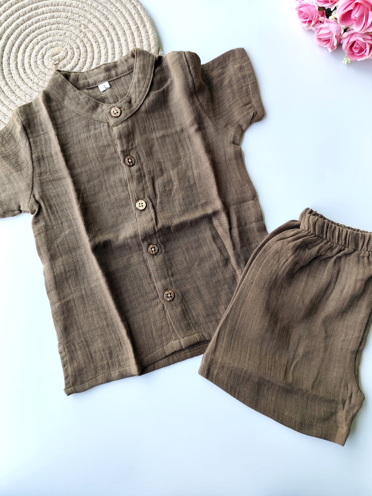 Muslin Mandarin Collared Co Ord Set - Solid Green
