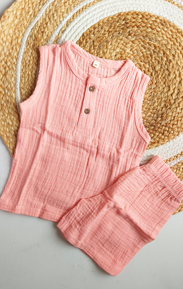 Muslin Unisex Sleeveless Co Ord Set - Peach