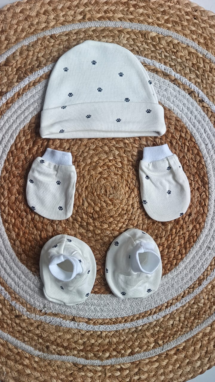 Cotton Cap, Mittens & Booties - Palm Print