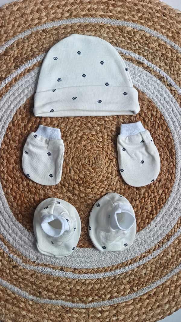 Cotton Cap, Mittens & Booties - Palm Print