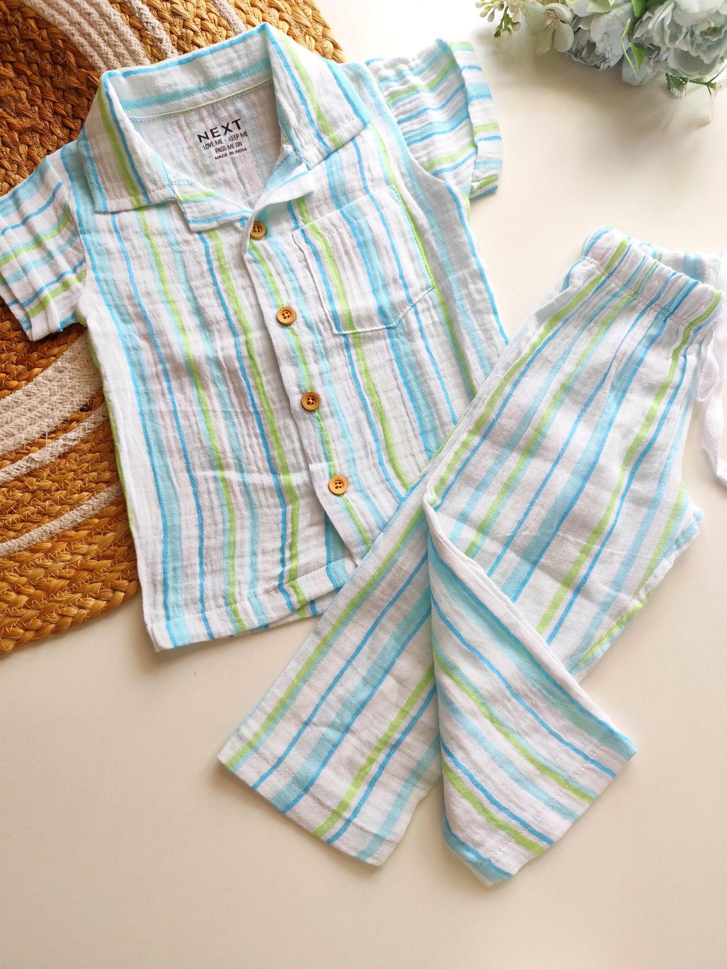 Muslin Cuban Collared Co Ord Set - Blue Stripes