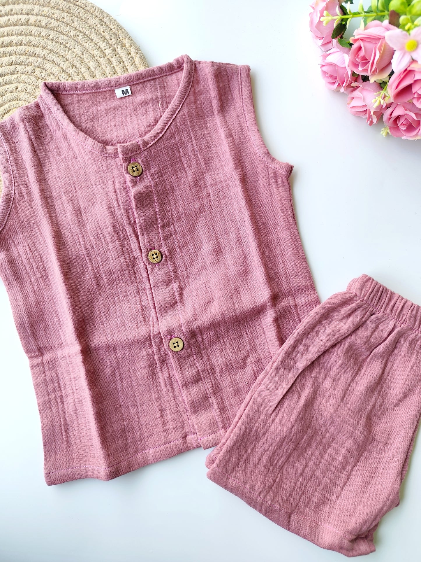 Muslin Sleeveless Co Ord Set - Mauve Pink