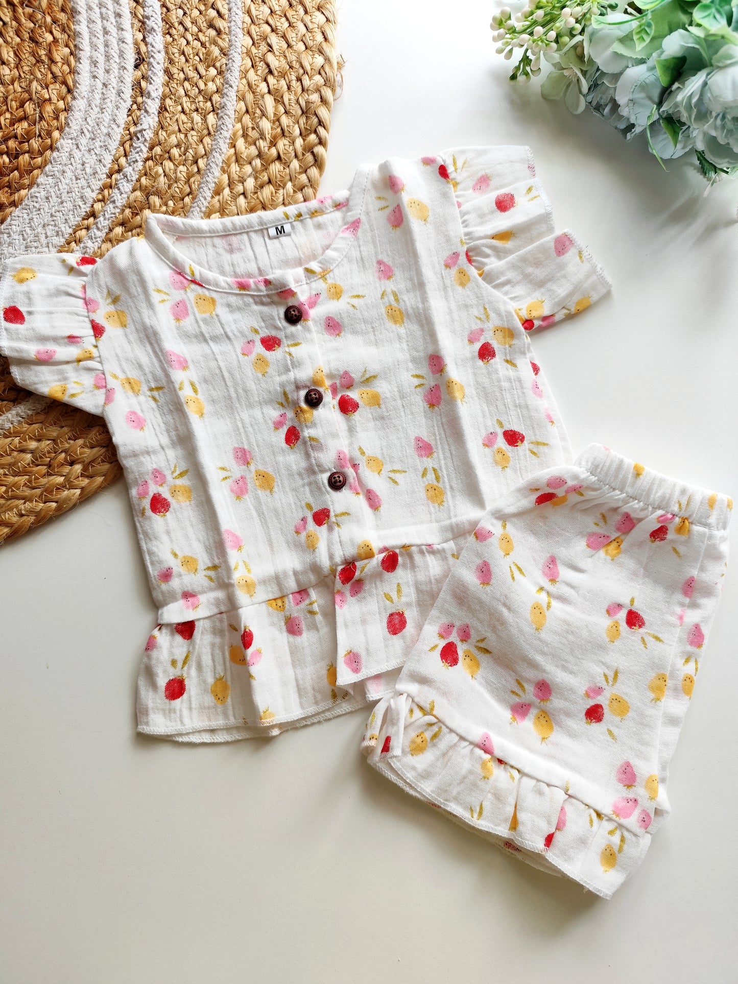 Muslin Frill Co Ord Set - Strawberry Bliss