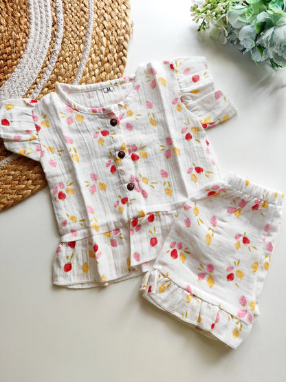 Muslin Frill Co Ord Set - Strawberry Bliss