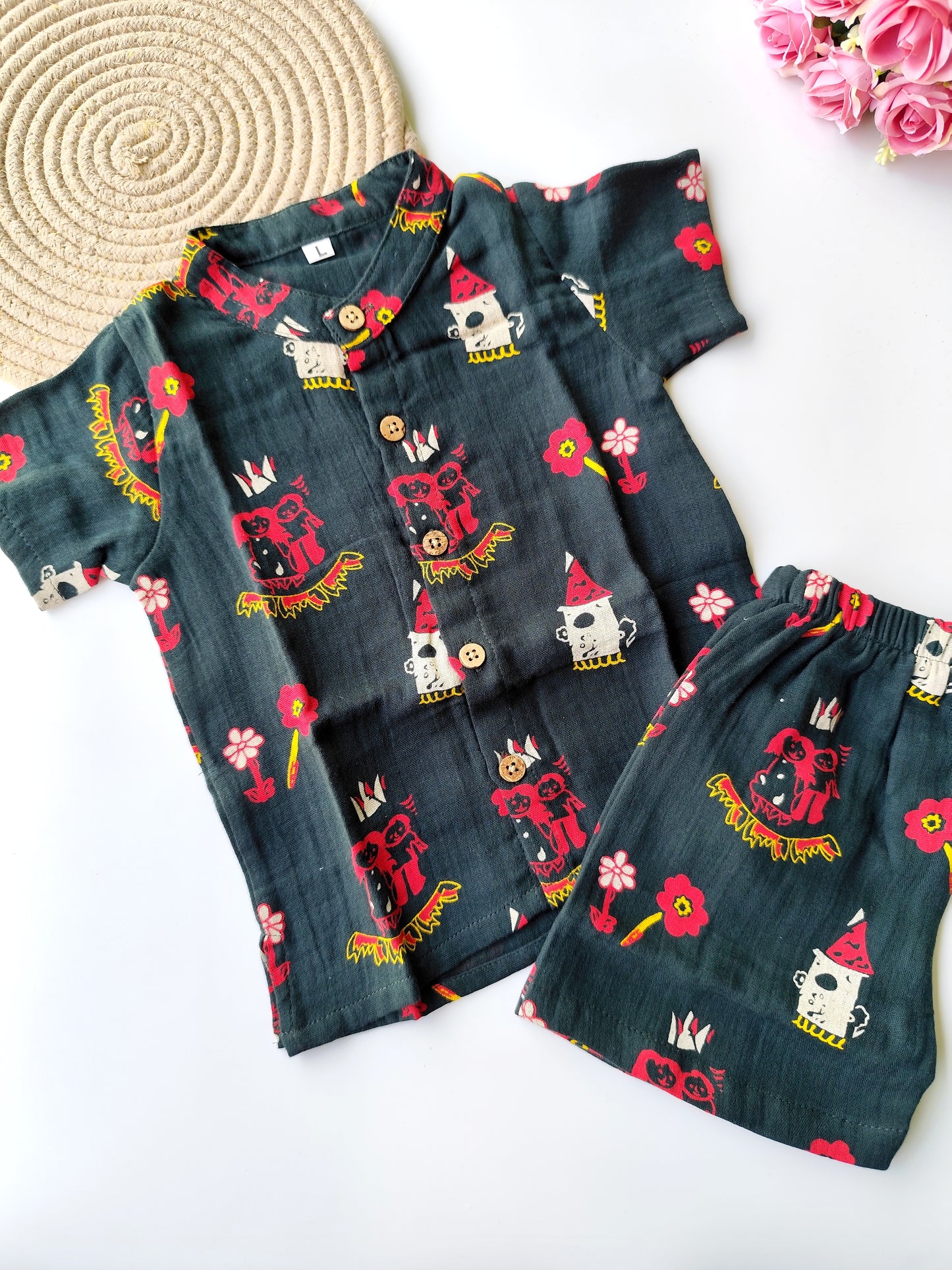 Muslin Mandarin Collared Co Ord Set - Dark Green