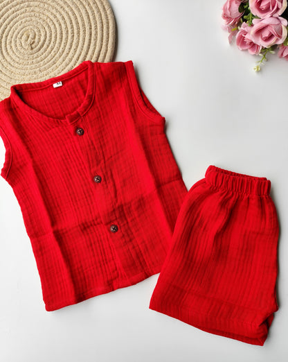 Muslin Sleeveless Co Ord Set - Red