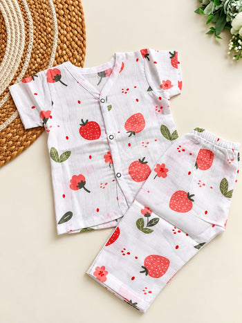 Muslin Half Sleeves Pant Set - Strawberry