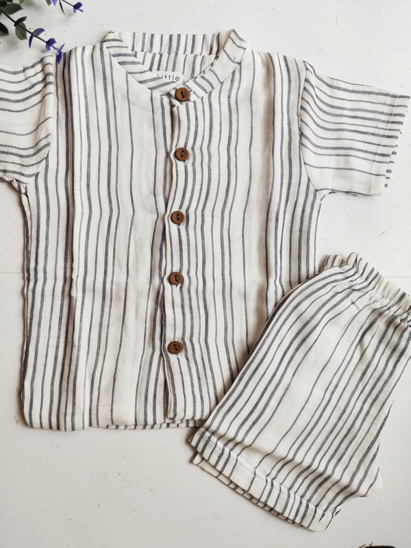 Muslin Cubin Collared Co Ord Set- White Stripes