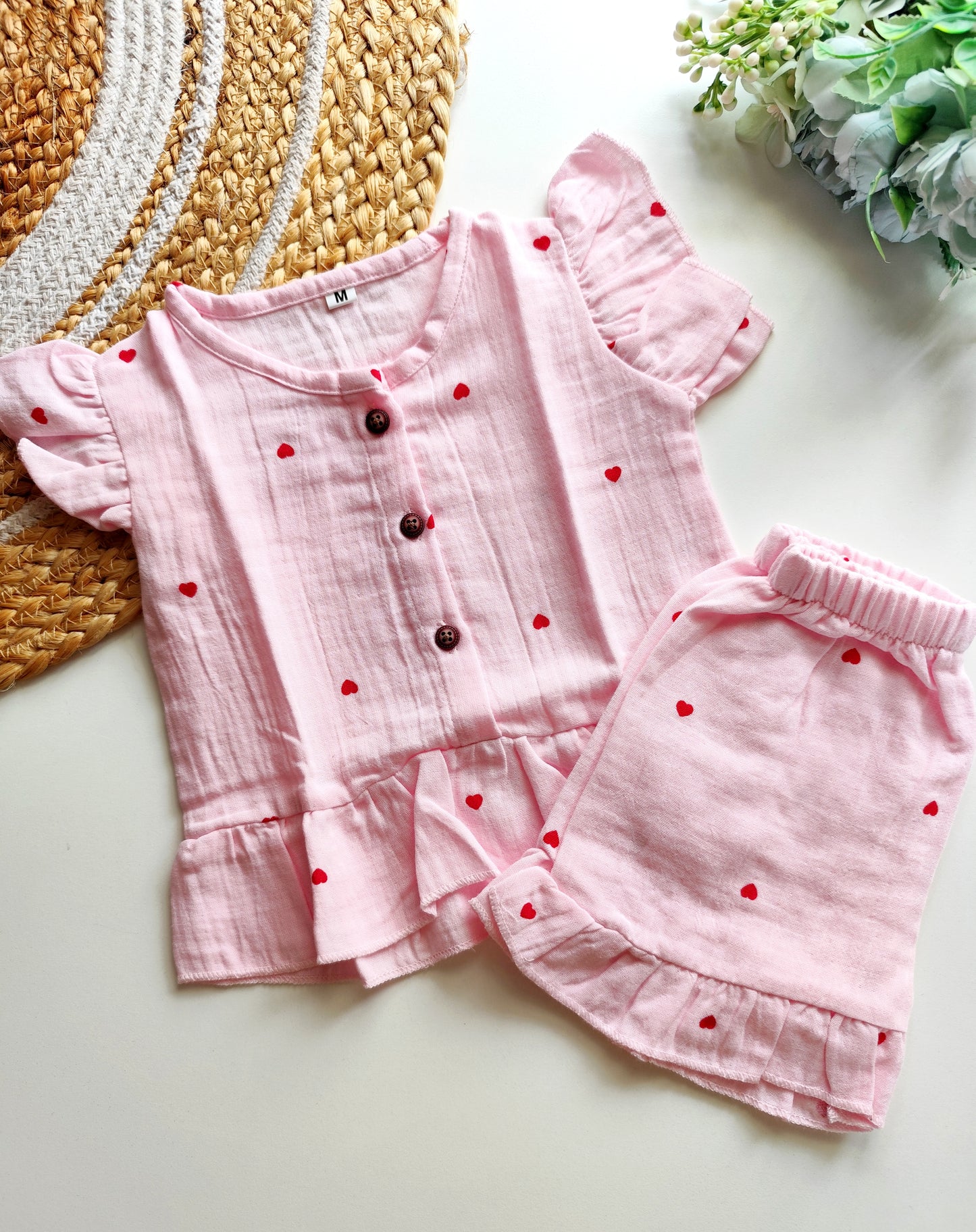 Muslin Frill Co Ord Set - Pink Heart