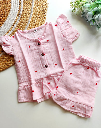 Muslin Frill Co Ord Set - Pink Heart