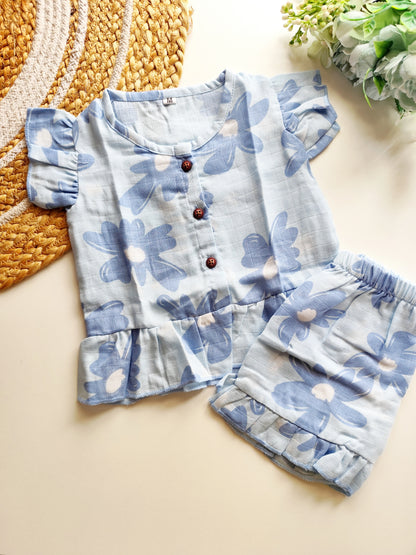 Muslin Frill Co Ord Set - Blooming Blue