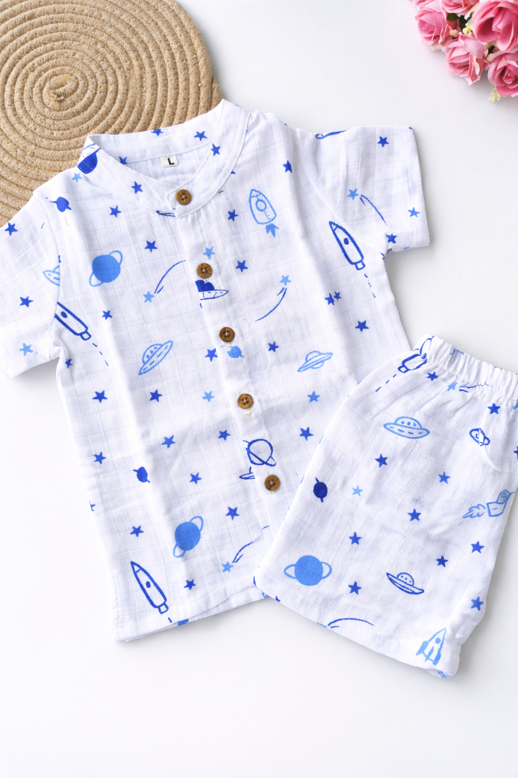 Muslin Mandarin Collared Co Ord Set - Blue Space