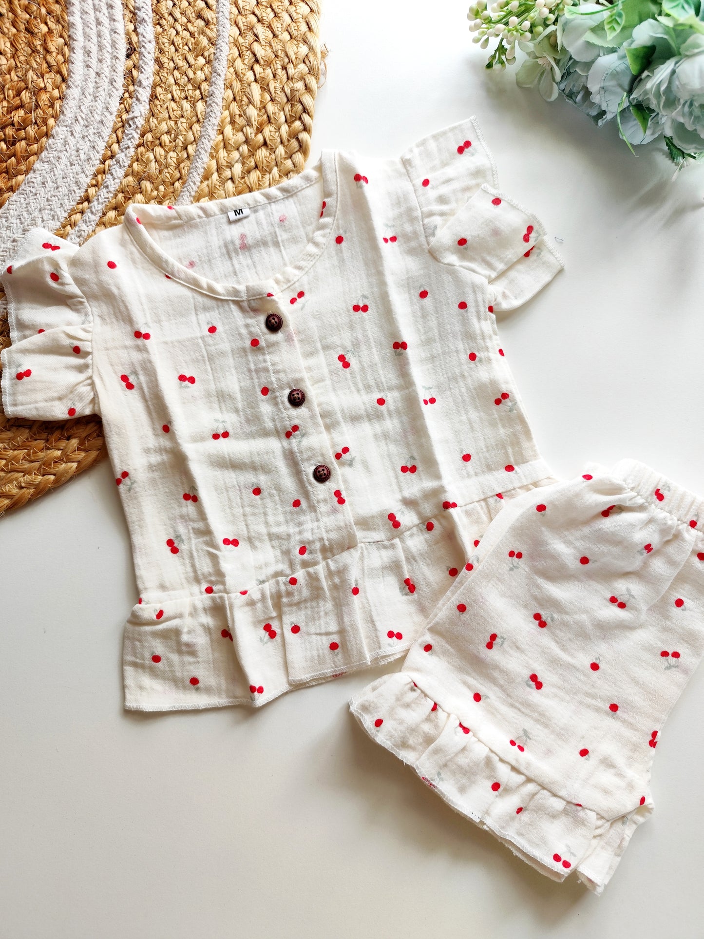 Muslin Frill Co Ord Set - Creamy Cherry
