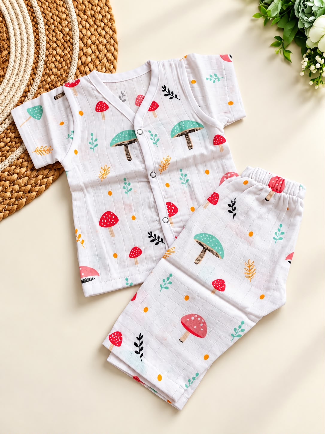 Muslin Half Sleeves Pant Set - Mushroom
