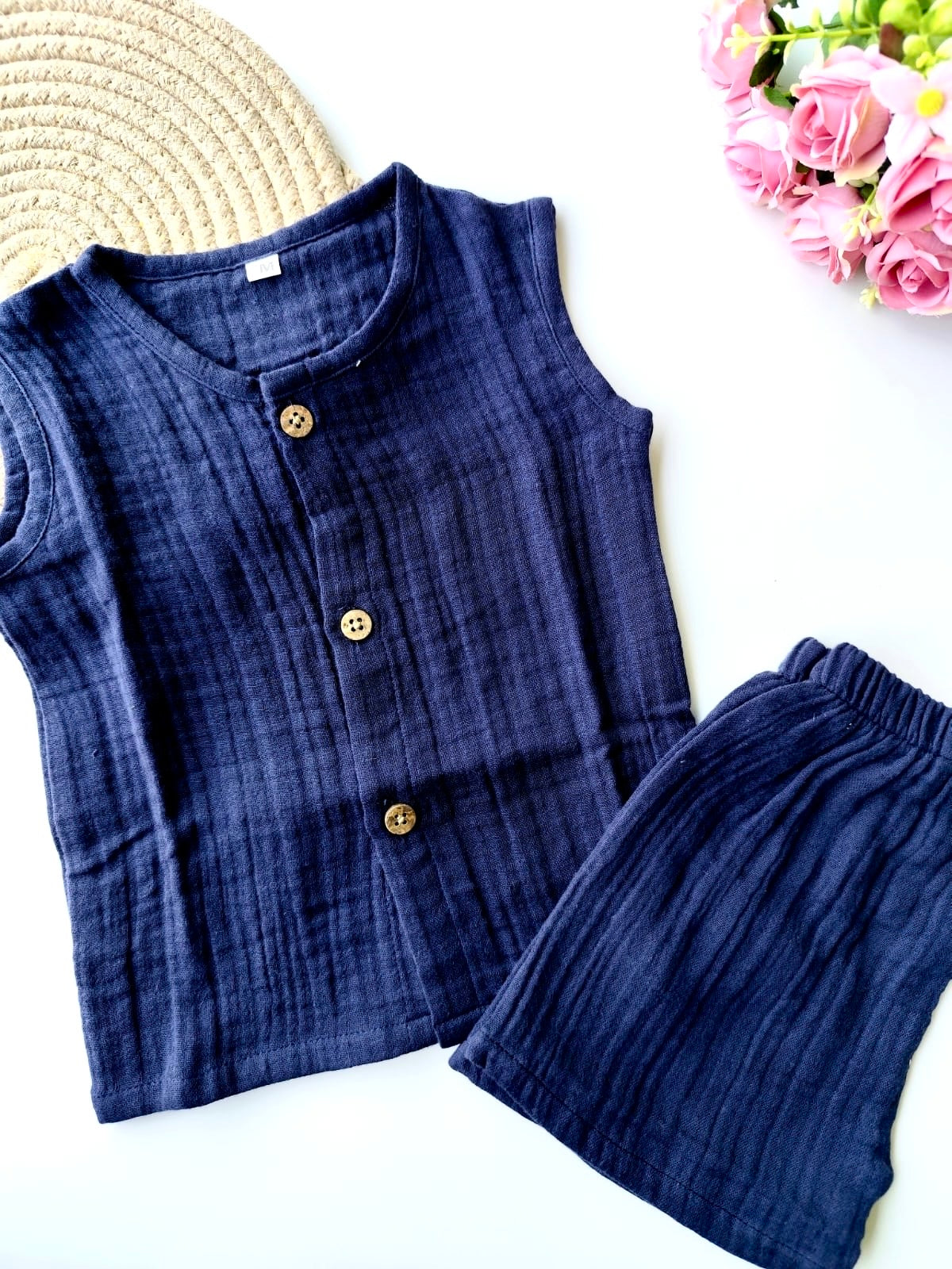 Muslin Sleeveless Co Ord Set - Navy Blue
