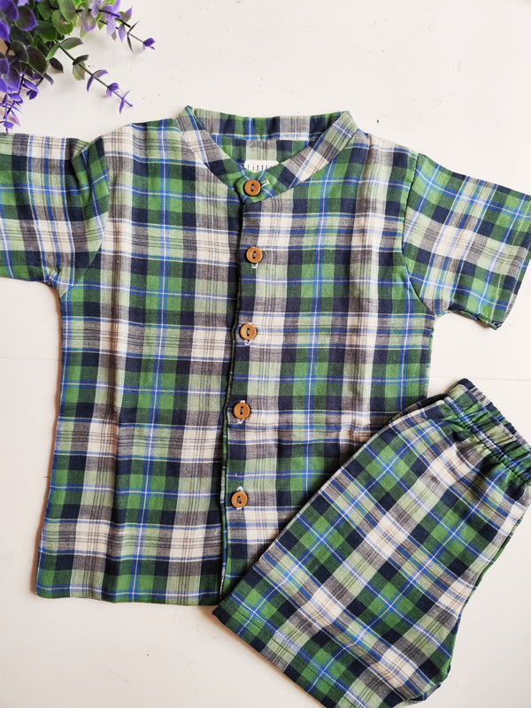 Muslin Collared Co Ord Set - Green Checks