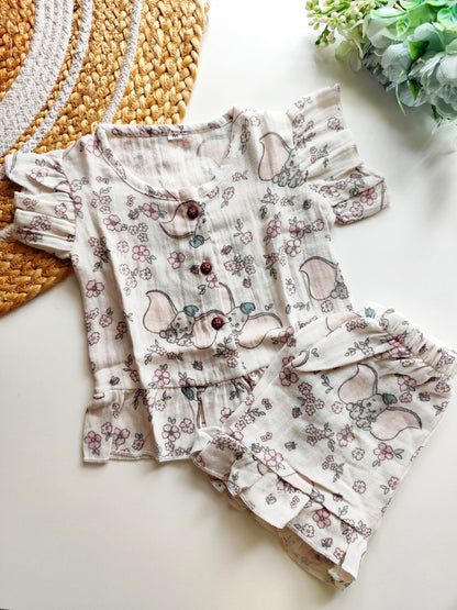 Muslin Frill Co Ord Set - Peeping Elephant