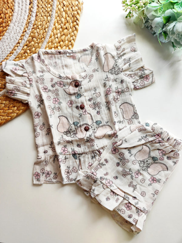 Muslin Frill Co Ord Set - Peeping Elephant