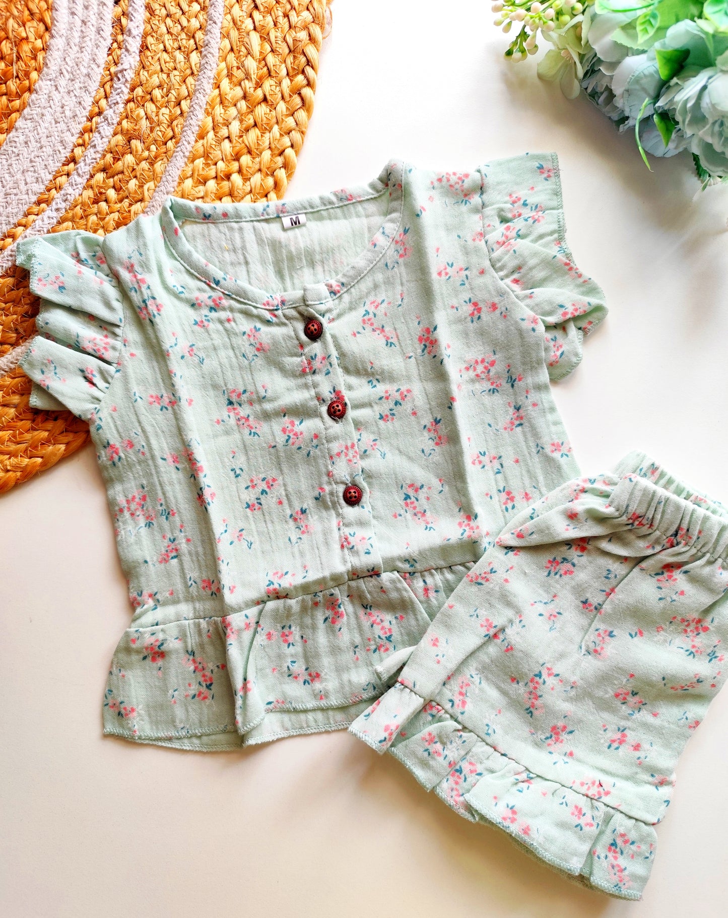 Muslin Frill Co Ord Set - Pastel Green Floral