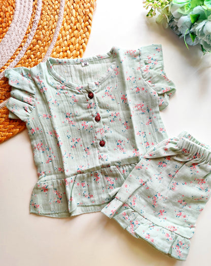 Muslin Frill Co Ord Set - Pastel Green Floral