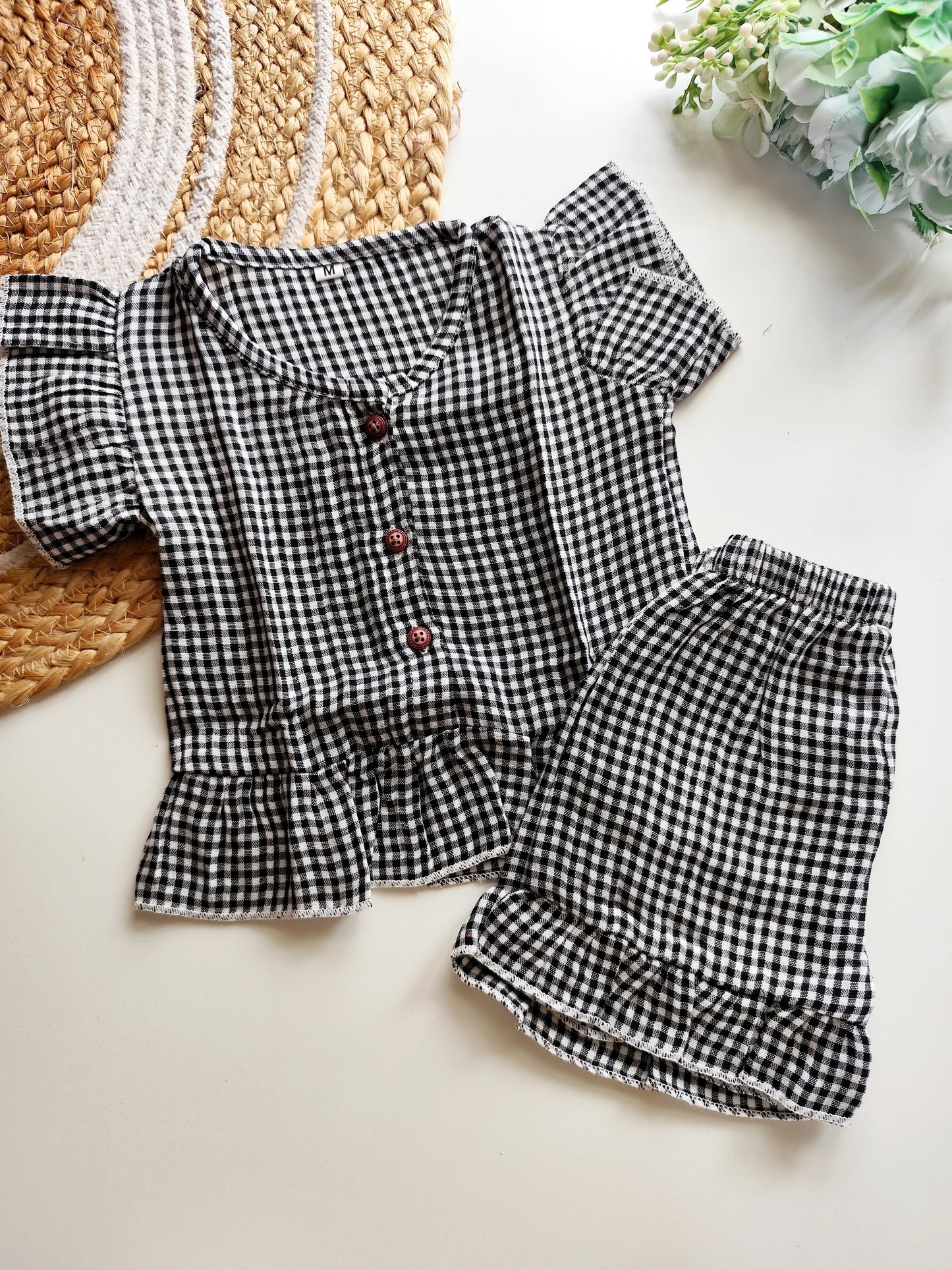 Muslin Frill Co Ord Set - Black Gingham