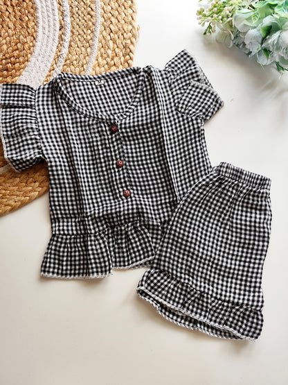 Muslin Frill Co Ord Set - Black Gingham