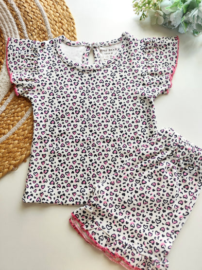 Cotton Ribbed Girls Co Ord Set - Hearts