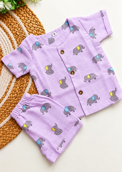 Double Layered Muslin Co ord- Lavender Elephant Print
