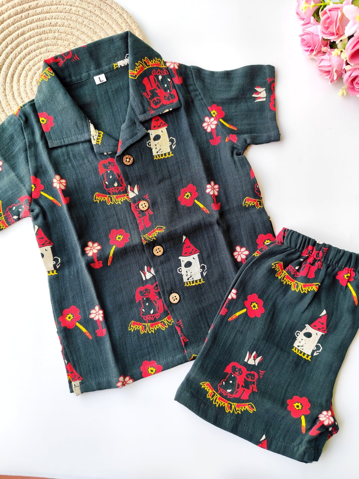 Muslin Cuban Collared Co Ord Set - Dark Green