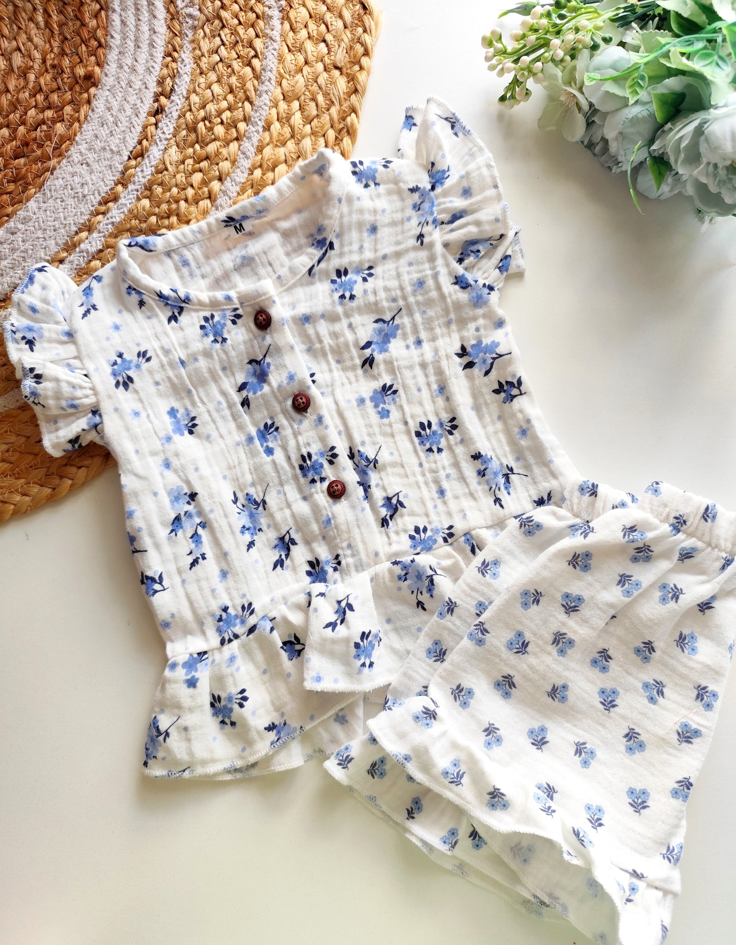 Muslin Frill Co Ord Set - White Floral