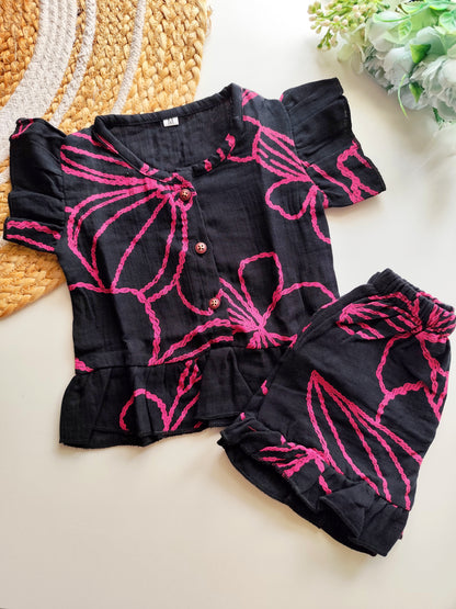 Muslin Frill Co Ord Set - Floral Black