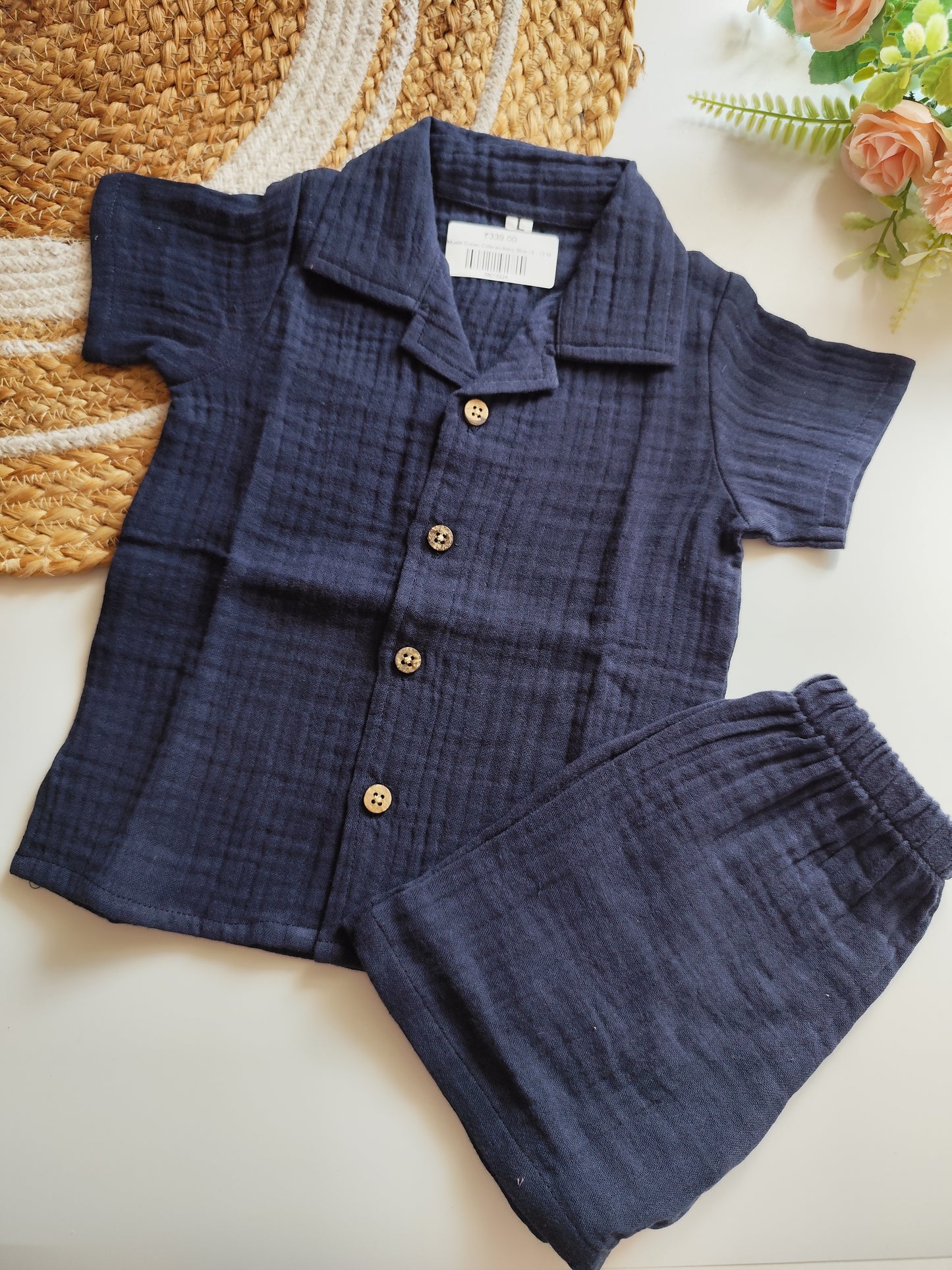 Muslin Cuban Collared Co Ord Set - Navy Blue