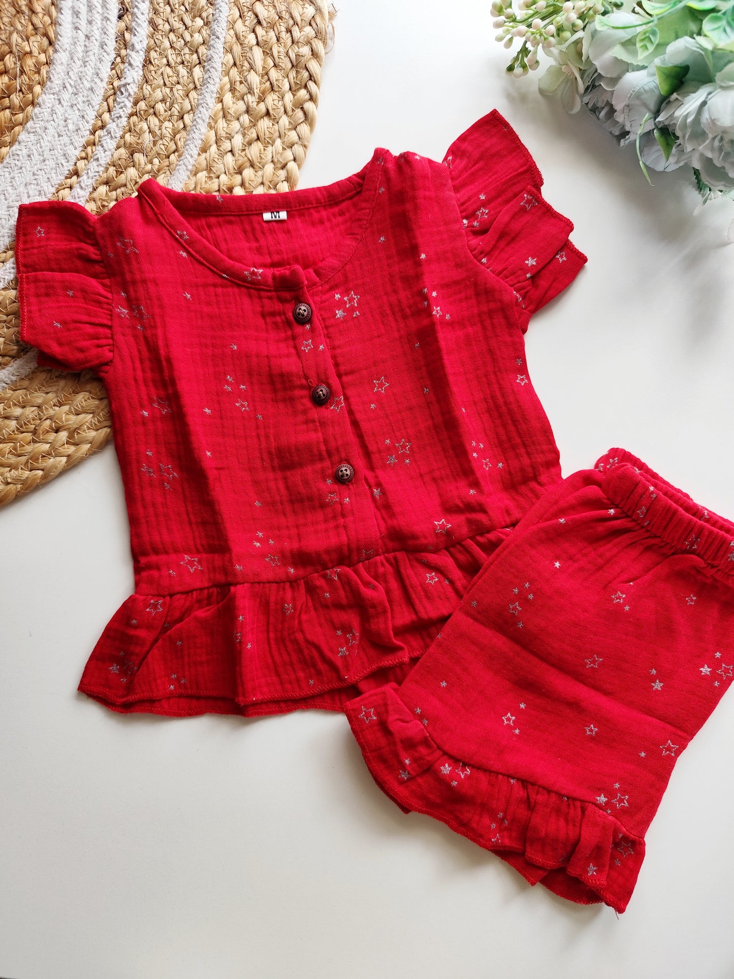 Muslin Frill Co Ord Set - Red Star